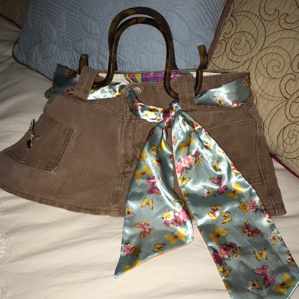 Tan Denim Jeans Purse Butterfly lining Handbag